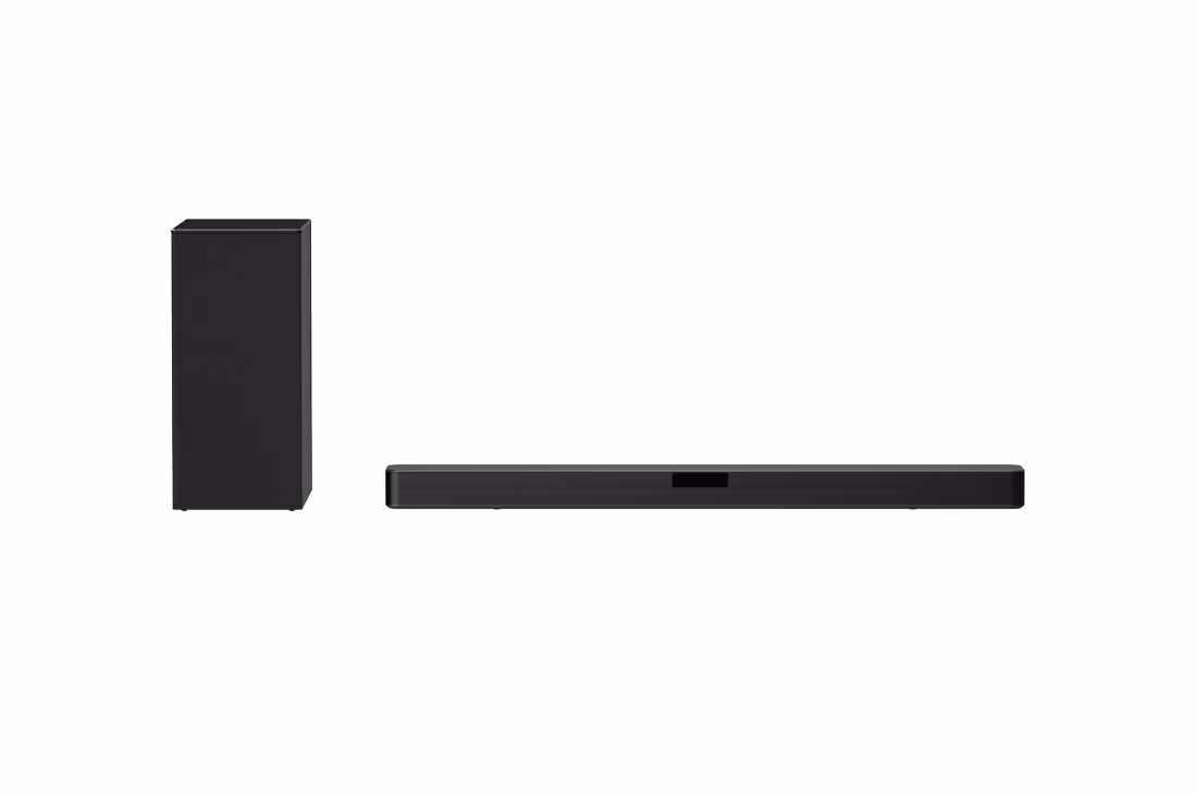 Photo of LG speakers, 400W 2.1ch, DTS Virtual:X and AI Sound Pro technologies.
