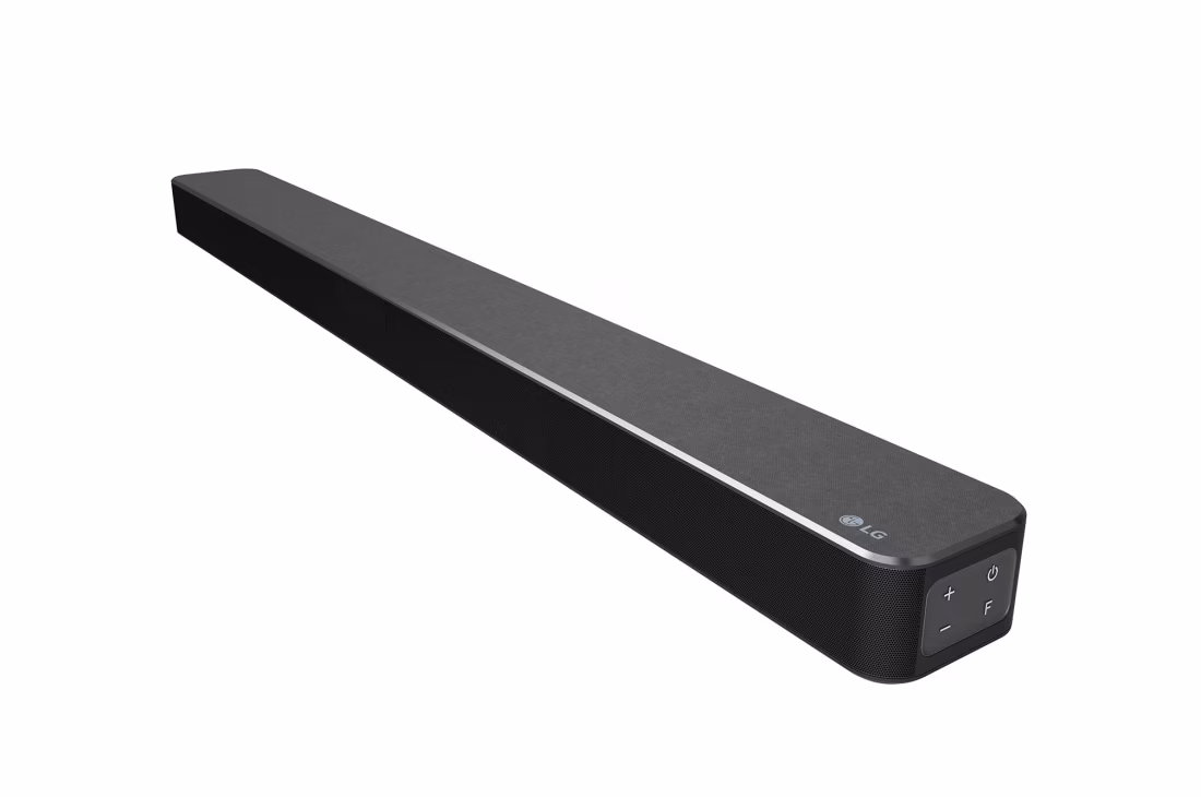 Photo of LG speakers, 400W 2.1ch, DTS Virtual:X and AI Sound Pro technologies.