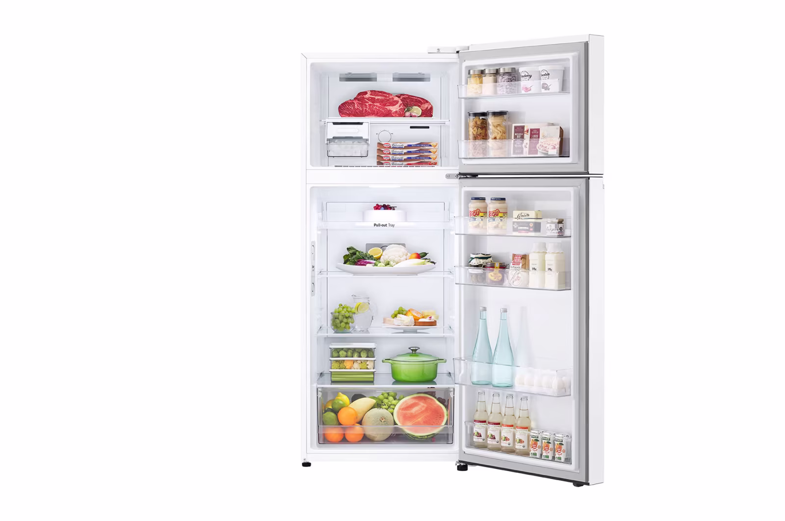 Photo of ساردکەرەوەی بەشی سەرەوەی بەستەر (Top freezer)، بە قەبارەی گشتی 423 لیتر، مەکینەی ئینڤێرتەری زیرەک (Smart Inverter™)، ڕەنگی سپی.