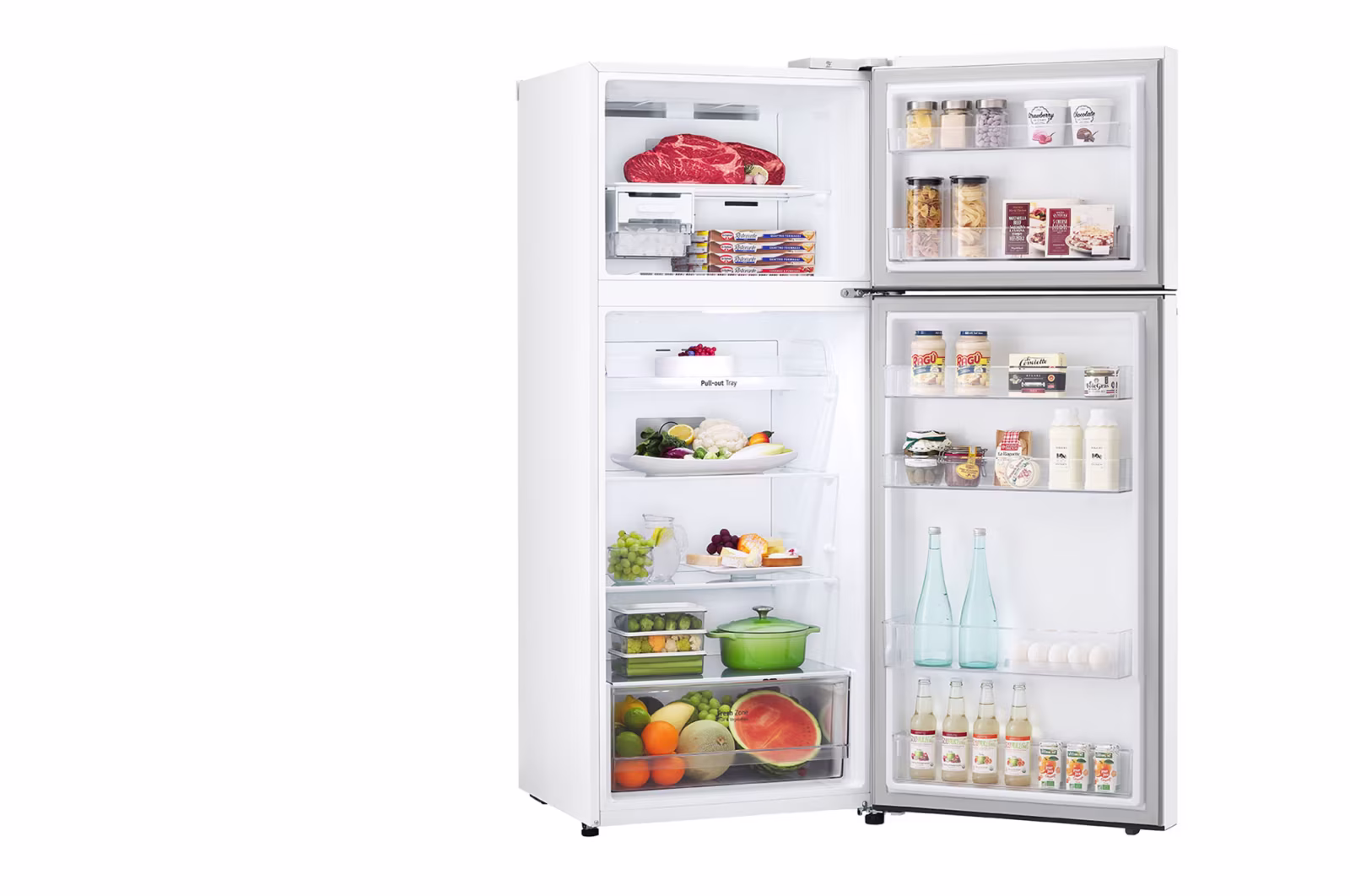 Photo of ساردکەرەوەی بەشی سەرەوەی بەستەر (Top freezer)، بە قەبارەی گشتی 423 لیتر، مەکینەی ئینڤێرتەری زیرەک (Smart Inverter™)، ڕەنگی سپی.
