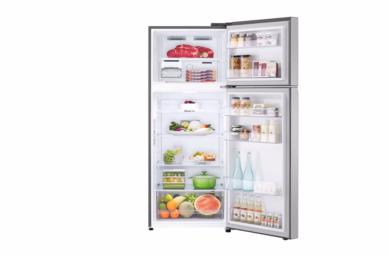 Photo of ساردکەرەوەی ئێڵ جی بەفرگر لە سەرەوەی (Top freezer)، بە قەبارەی گشتی 423 لیتر، مەکینەی ئینڤێرتەری زیرەک (Smart Inverter™)، ڕەنگی زیوی.