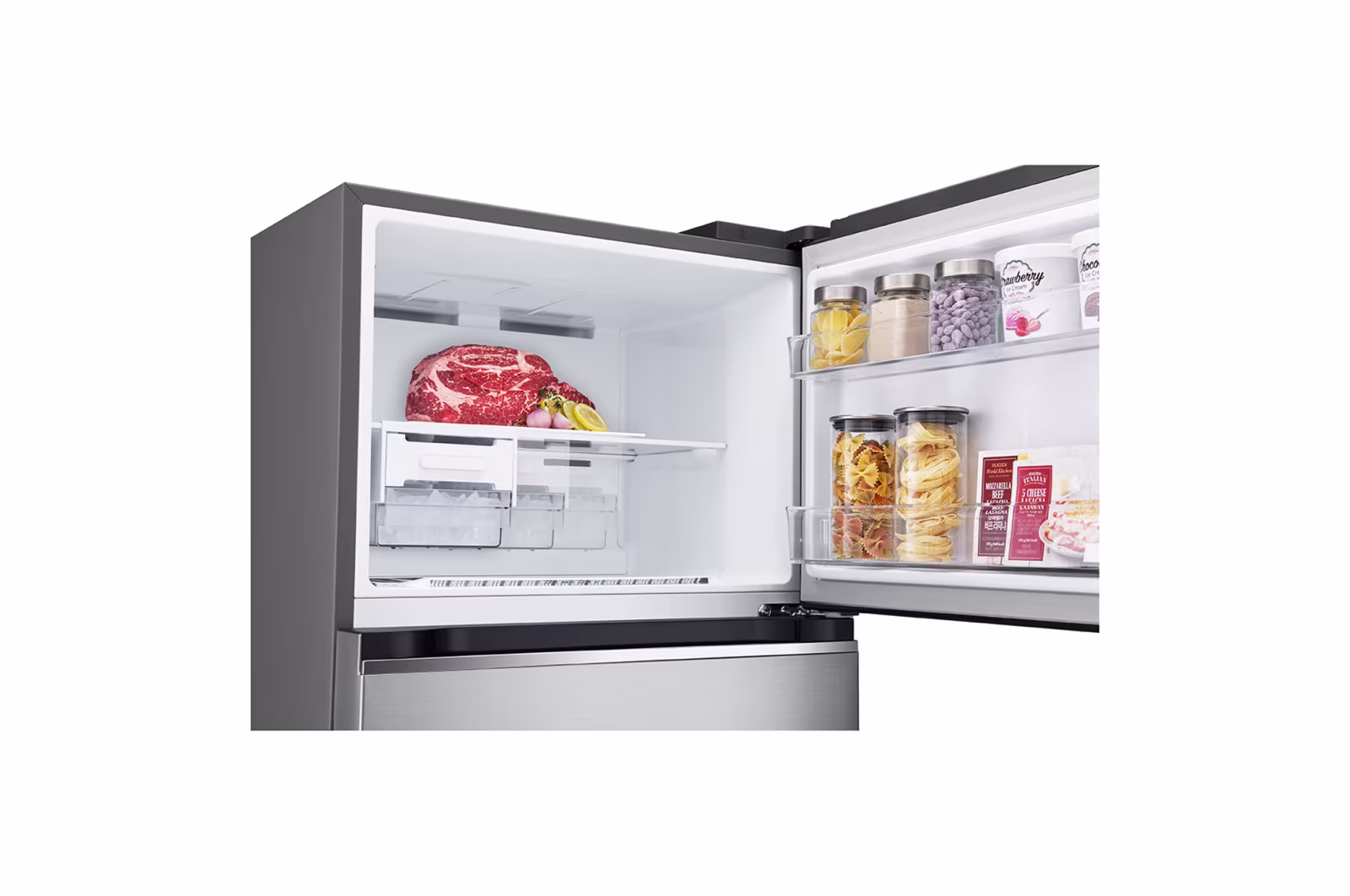Photo of ساردکەرەوەی ئێڵ جی بەفرگر لە سەرەوەی (Top freezer)، بە قەبارەی گشتی 423 لیتر، مەکینەی ئینڤێرتەری زیرەک (Smart Inverter™)، ڕەنگی زیوی.