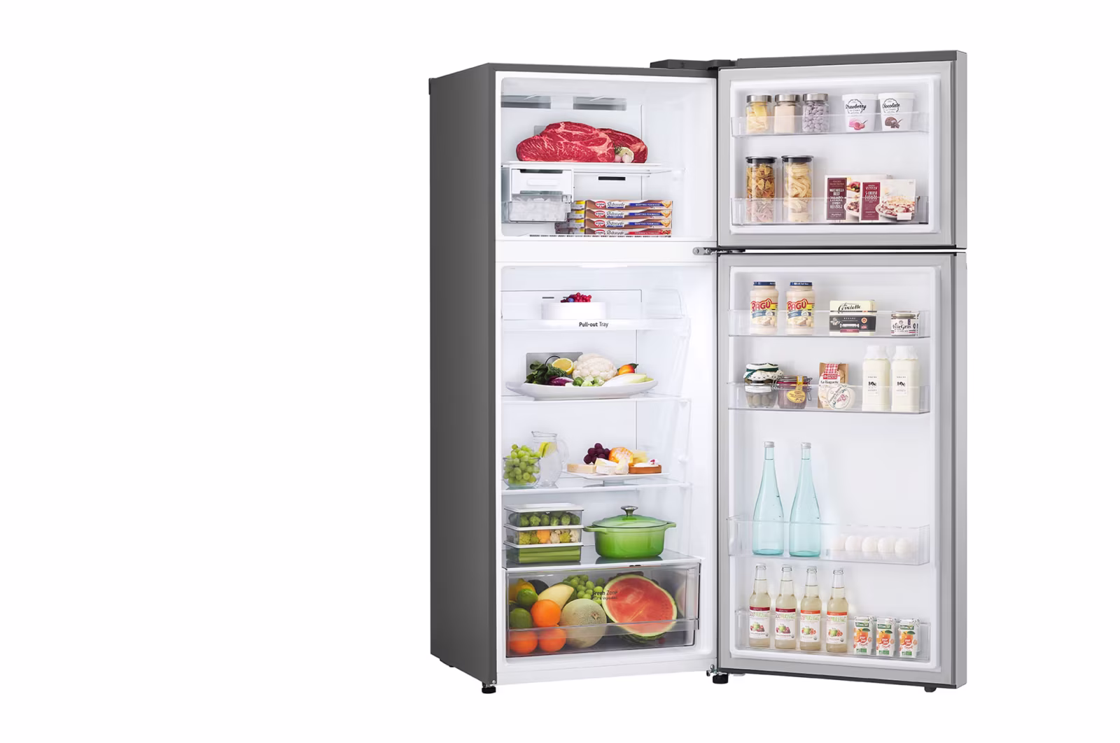 Photo of ساردکەرەوەی ئێڵ جی بەفرگر لە سەرەوەی (Top freezer)، بە قەبارەی گشتی 423 لیتر، مەکینەی ئینڤێرتەری زیرەک (Smart Inverter™)، ڕەنگی زیوی.