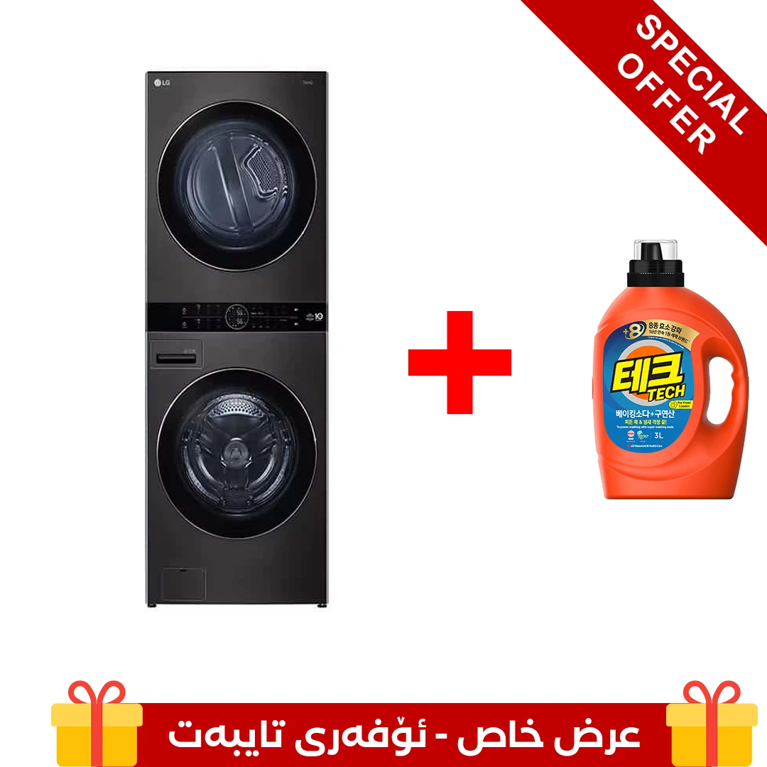 Photo of غسالة ونشافة تحميل أمامي ™LG WashTower مع لوحة تحكم مركزية ، لون أسود ستانليس، 21 كجم غسالة و 16 كجم نشافة