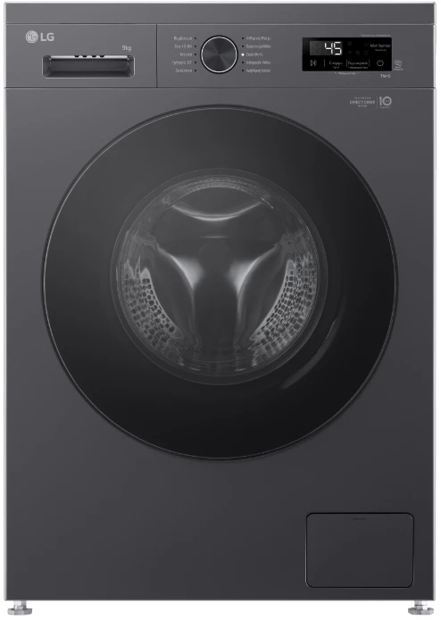 Photo of غسالة إل جي 9 كجم بميزاتها، Inverter DD Motor، SmartThinQ™، وباللون الأسود المتوسط المميز.