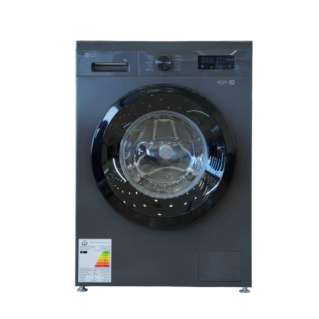 Photo of غسالة إل جي ذات التحميل الأمامي بسعة 8 كیلو، بتقنيات Direct Drive، والبخار، والتشخيص الذكي - باللون اسود متوسط.
