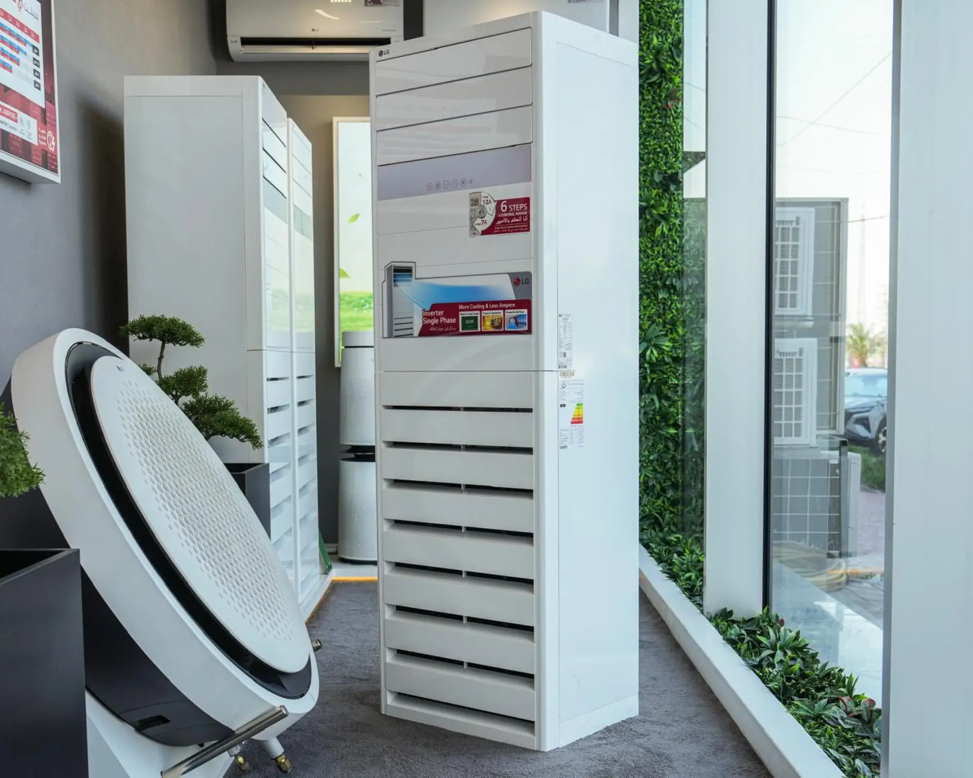 Photo of 3 Ton LG Floor-Standing Split Air Conditioner (Inverter), Model APNW36GT3EA, featuring 6 Steps I-Control Ampere, Tropical T3 Compressor, and Fast Cooling & Heating.