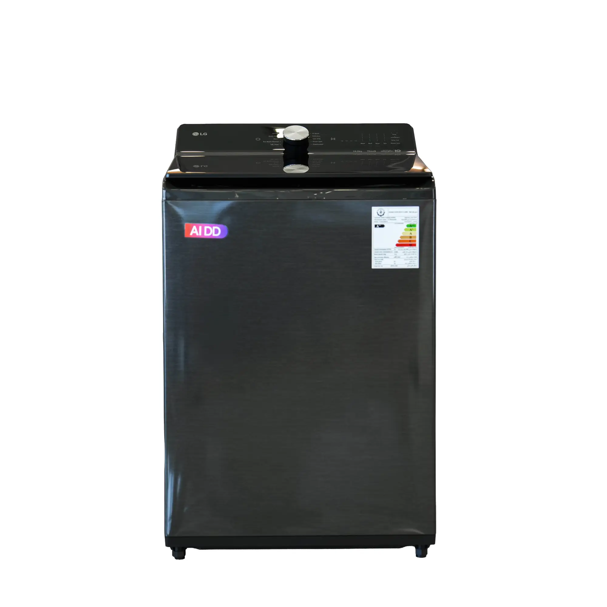 Photo of غسالة ملابس إل جي فتحة علوية، سعة 19 كجم مع تقنيات AI DD و TurboWash  والتشخيص الذكي - لون أسود معدني.